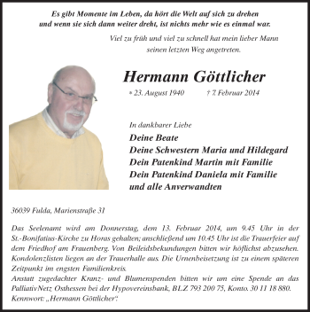 Traueranzeige von Hermann Göttlicher 