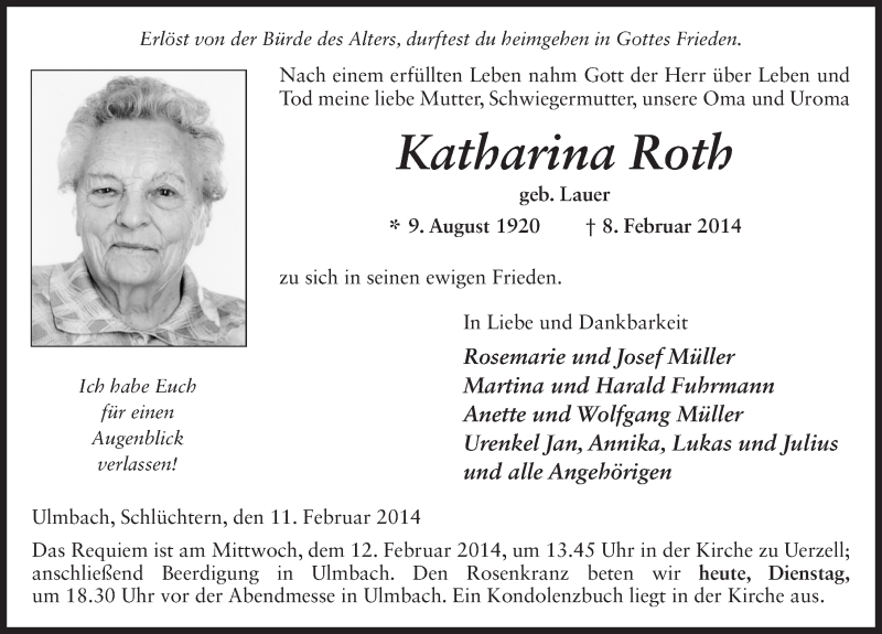  Traueranzeige für Katharina Roth vom 11.02.2014 aus 