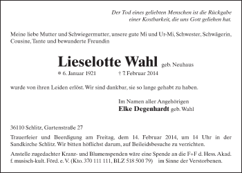 Traueranzeige von Lieselotte Wahl 