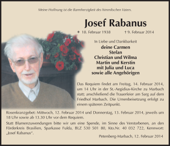 Traueranzeige von Josef Rabanus 