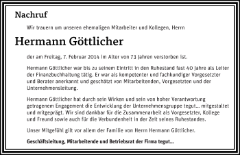 Traueranzeige von Hermann Göttlicher 