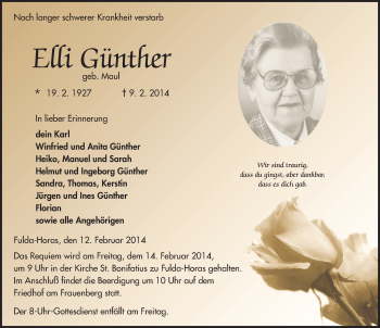 Traueranzeige von Elli Günther 