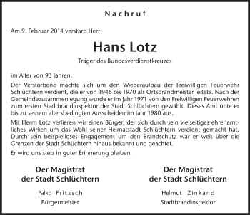 Traueranzeige von Hans Lotz 