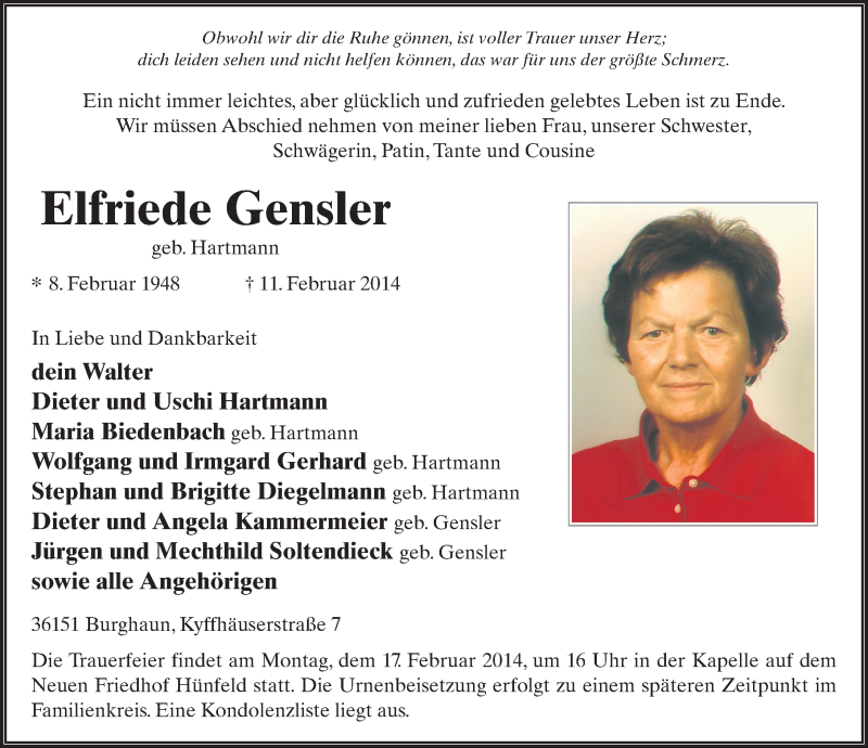  Traueranzeige für Elfriede Gensler vom 13.02.2014 aus 