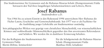 Traueranzeige von Josef Rabanus 