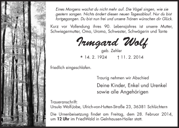 Traueranzeige von Irmgard Wolf 