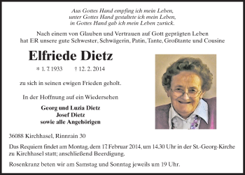 Traueranzeige von Elfriede Dietz 