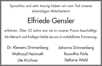 Traueranzeige von Elfriede Gensler 