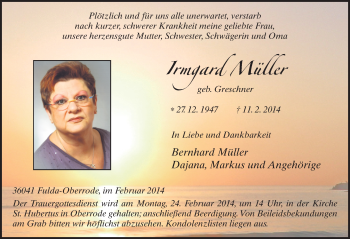 Traueranzeige von Irmgard Müller 