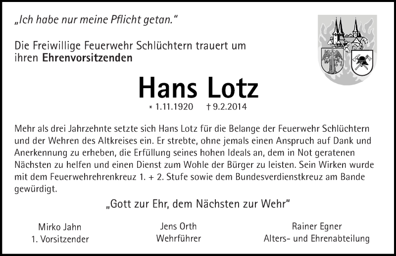  Traueranzeige für Hans Lotz vom 14.02.2014 aus 