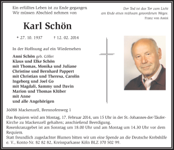 Traueranzeige von Karl Schön 