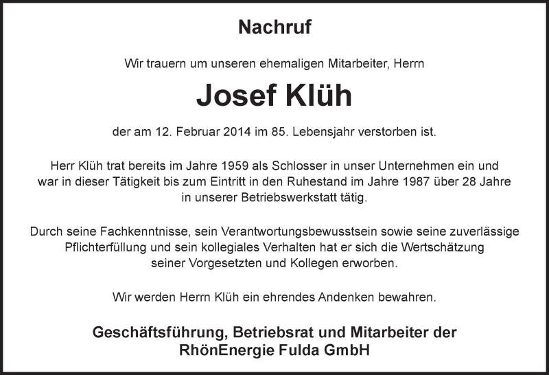  Traueranzeige für Josef Klüh vom 18.02.2014 aus 