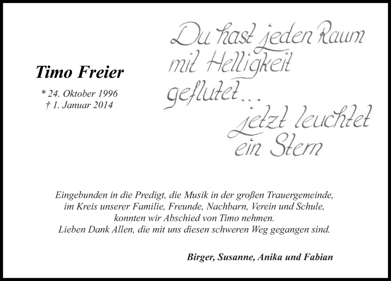  Traueranzeige für Timo Freier vom 15.02.2014 aus 
