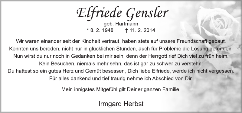  Traueranzeige für Elfriede Gensler vom 15.02.2014 aus 