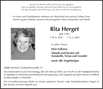Traueranzeige von Rita Herget 