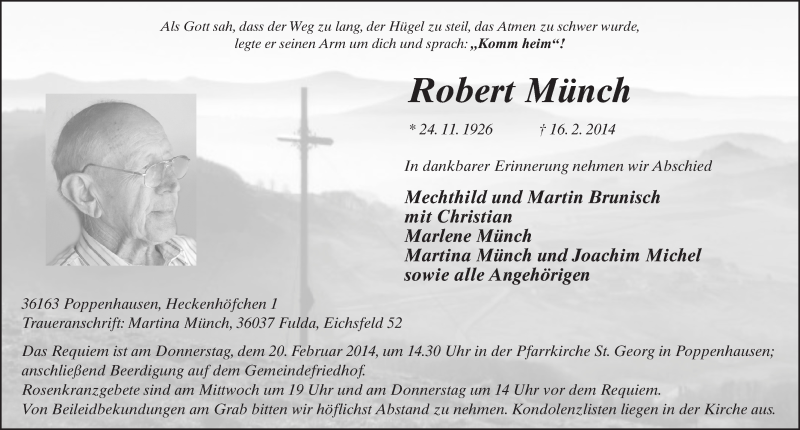  Traueranzeige für Robert Münch vom 18.02.2014 aus 