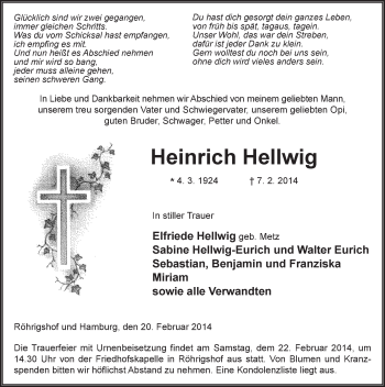 Traueranzeige von Heinrich Hellwig 