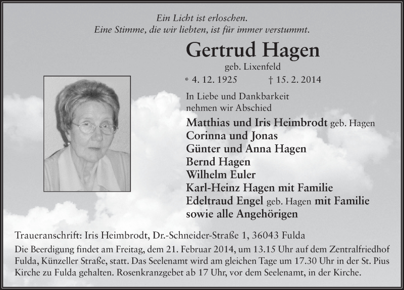  Traueranzeige für Gertud Hagen vom 18.02.2014 aus 