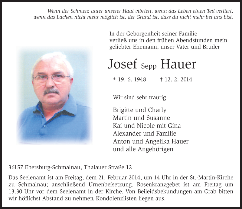  Traueranzeige für Josef Hauer vom 19.02.2014 aus 