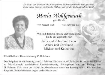 Traueranzeige von Maria Wohlgemuth 