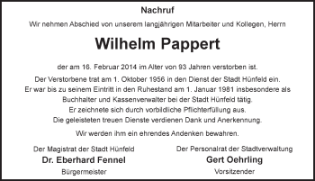 Traueranzeige von Wilhelm Pappert 