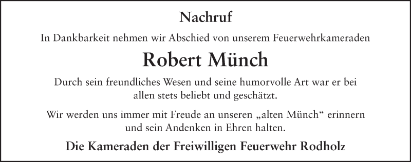  Traueranzeige für Robert Münch vom 20.02.2014 aus 