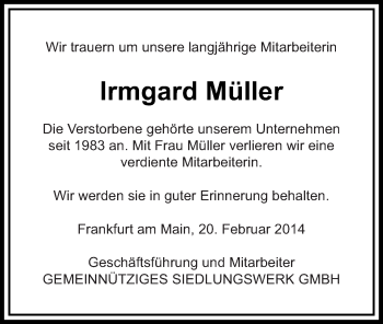 Traueranzeige von Irmgard Müller 