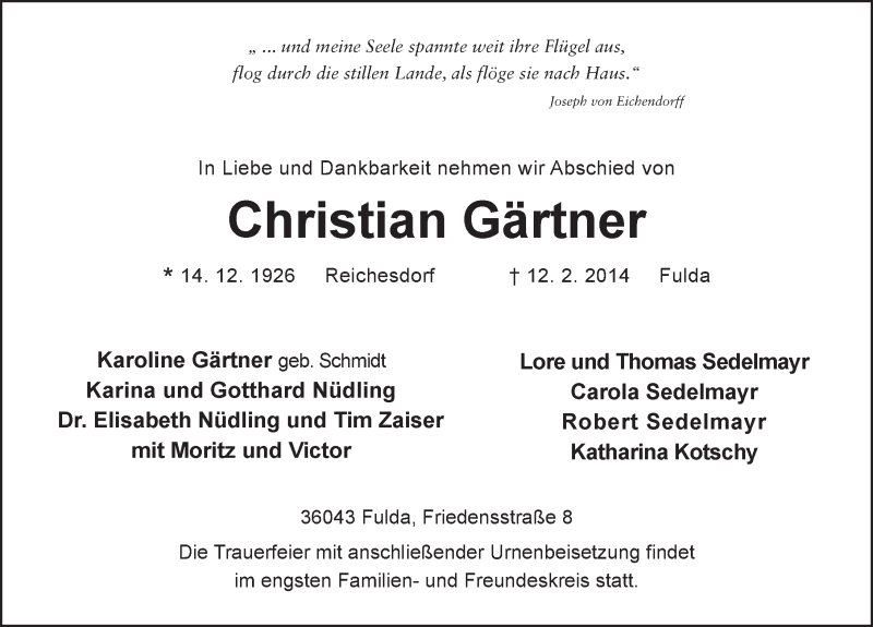  Traueranzeige für Christian Gärtner vom 22.02.2014 aus 