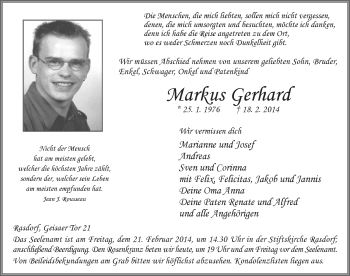 Traueranzeige von Markus Gerhard 