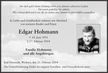 Traueranzeige von Edgar Hohmann 