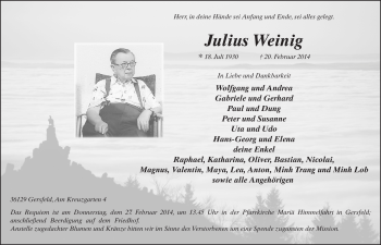 Traueranzeige von Julius Weinig 