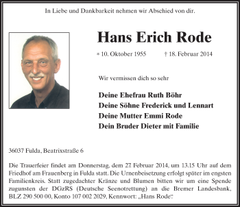 Traueranzeige von Hans Erich Rode 