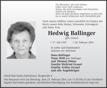 Traueranzeige von Hedwig Balliger 