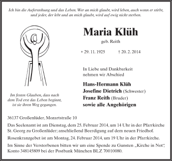 Traueranzeige von Maria Klüh 