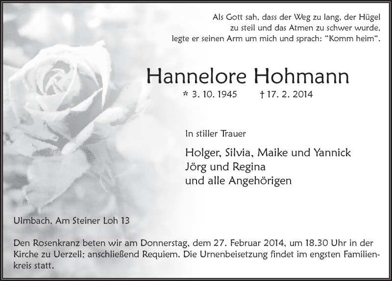  Traueranzeige für Hannelore Hohmann vom 24.02.2014 aus 