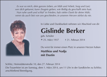 Traueranzeige von Gislinde Berker 