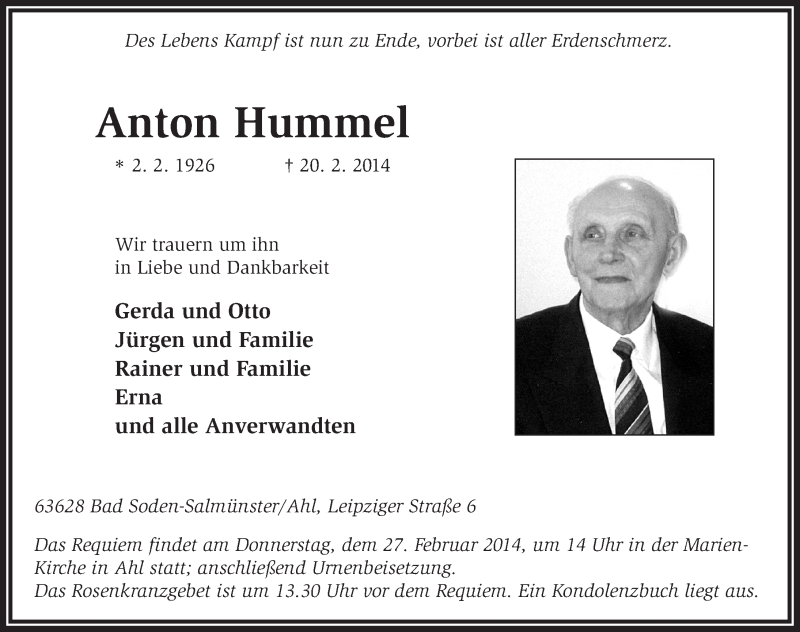  Traueranzeige für Anton Hummel vom 24.02.2014 aus 