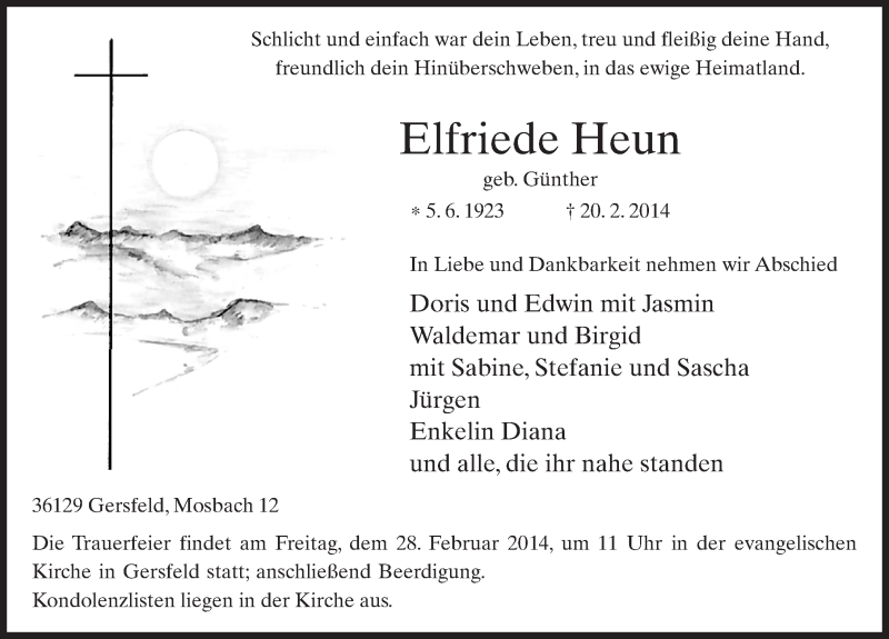  Traueranzeige für Elfriede Heun vom 24.02.2014 aus 