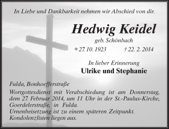 Traueranzeige von Hedwig Keidel 