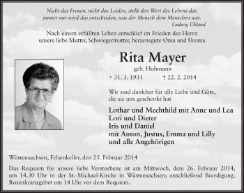 Traueranzeige von Rita Mayer 