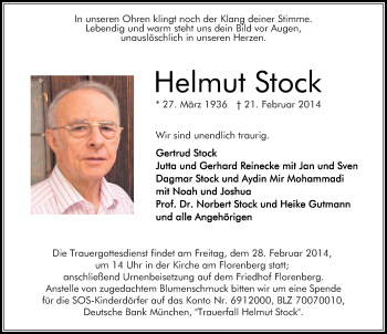 Traueranzeige von Helmut Stock 