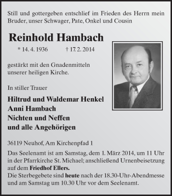 Traueranzeige von Reinhold Hambach 