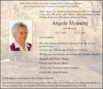 Traueranzeige von Angela Henning 