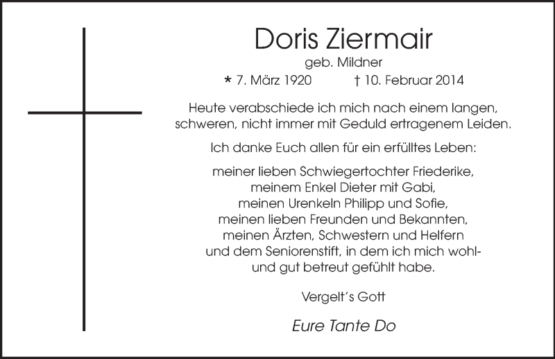  Traueranzeige für Doris Ziermair vom 08.03.2014 aus 