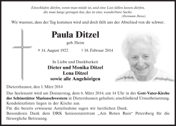 Traueranzeige von Paula Ditzel 