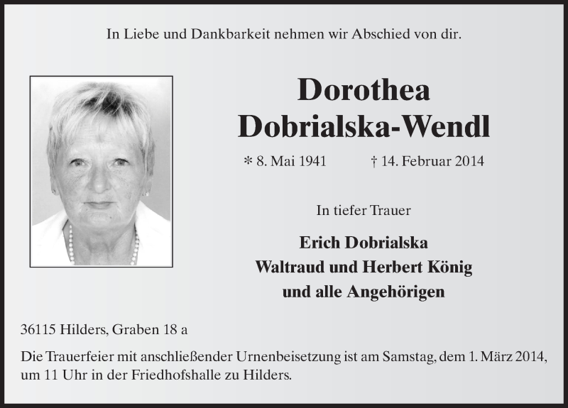  Traueranzeige für Dorothea Dobrialska-Wendl vom 27.02.2014 aus 