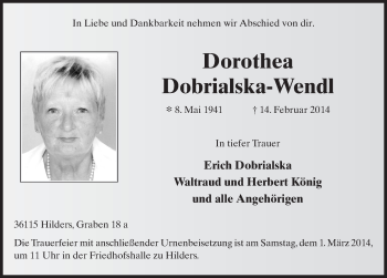 Traueranzeige von Dorothea Dobrialska-Wendl 