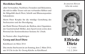 Traueranzeige von Elfriede Dietz 