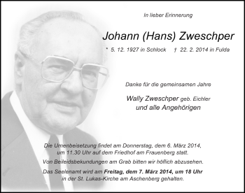 Traueranzeige von Johann  Zweschper 