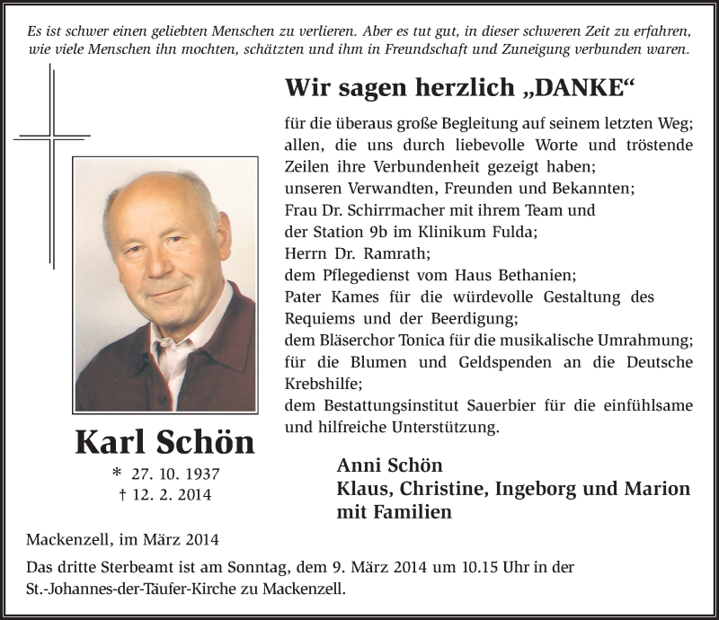  Traueranzeige für Karl Schön vom 08.03.2014 aus 
